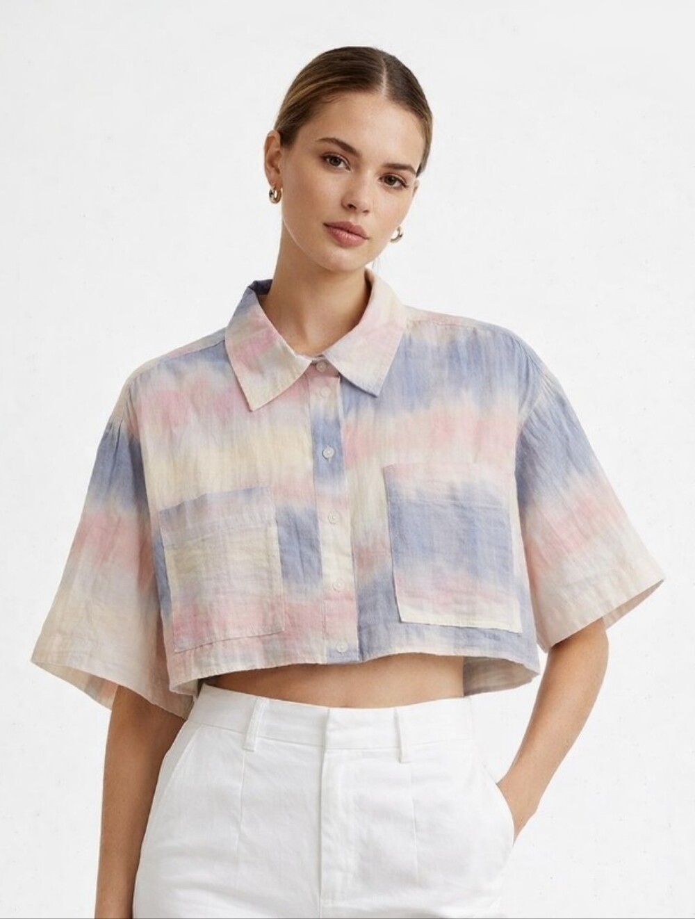 Zara Pastel Tie-Dye Cropped Button-Up Shirt